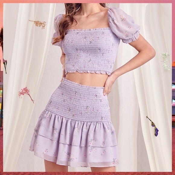 📌 STORIA Smocked Bodice Crop Top & Skirt Chiffon Sleeves & Double Ruffled Skirt - Picture 5 of 16